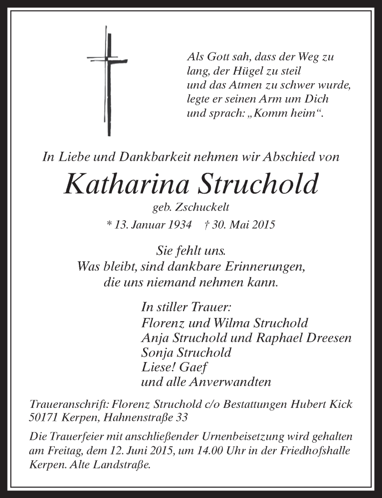  Traueranzeige für Katharina Struchold vom 10.06.2015 aus  Werbepost 
