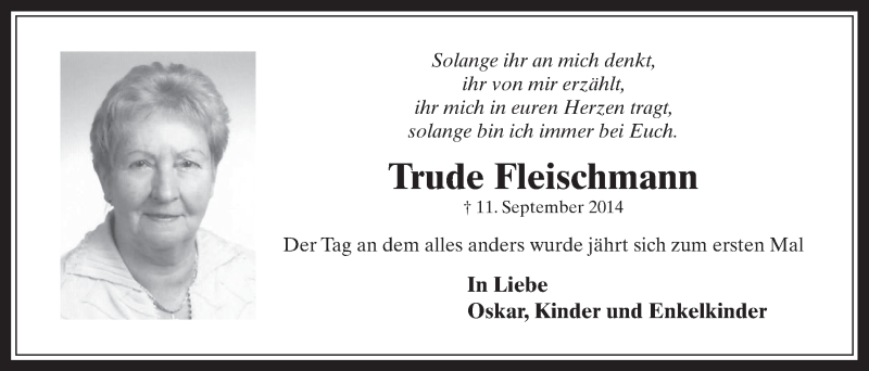  Traueranzeige für Trude Fleischmann vom 09.09.2015 aus  Wochenende 