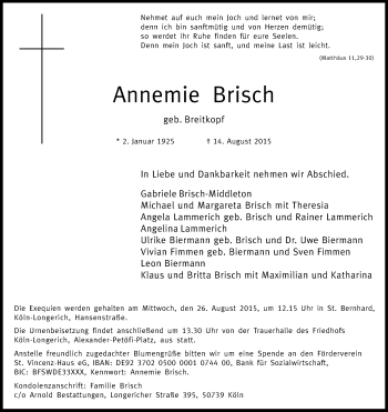 Anzeige von Annemie Brisch von Kölner Stadt-Anzeiger / Kölnische Rundschau / Express