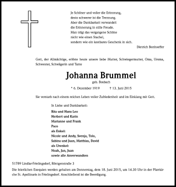 Anzeige von Johanna Brummel von Kölner Stadt-Anzeiger / Kölnische Rundschau / Express