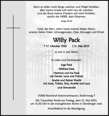 Anzeige von Willy Pack von Kölner Stadt-Anzeiger / Kölnische Rundschau / Express