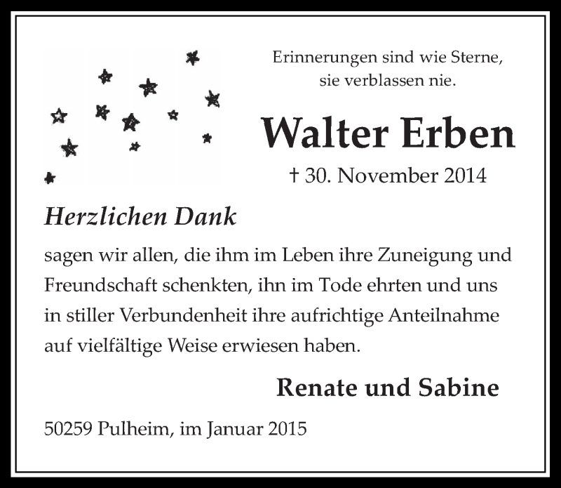  Traueranzeige für Walter Erben vom 21.01.2015 aus  Wochenende 