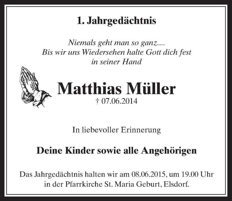  Traueranzeige für Matthias Müller vom 03.06.2015 aus  Werbepost 