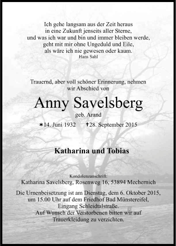 Anzeige von Anny Savelsberg von Kölner Stadt-Anzeiger / Kölnische Rundschau / Express