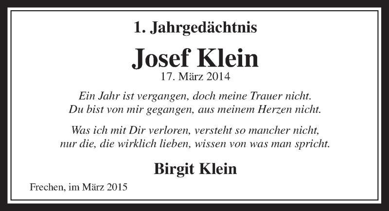  Traueranzeige für Josef Klein vom 18.03.2015 aus  Wochenende 