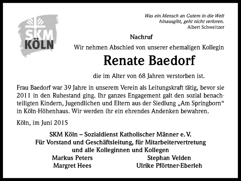  Traueranzeige für Renate Bädorf vom 13.06.2015 aus Kölner Stadt-Anzeiger / Kölnische Rundschau / Express