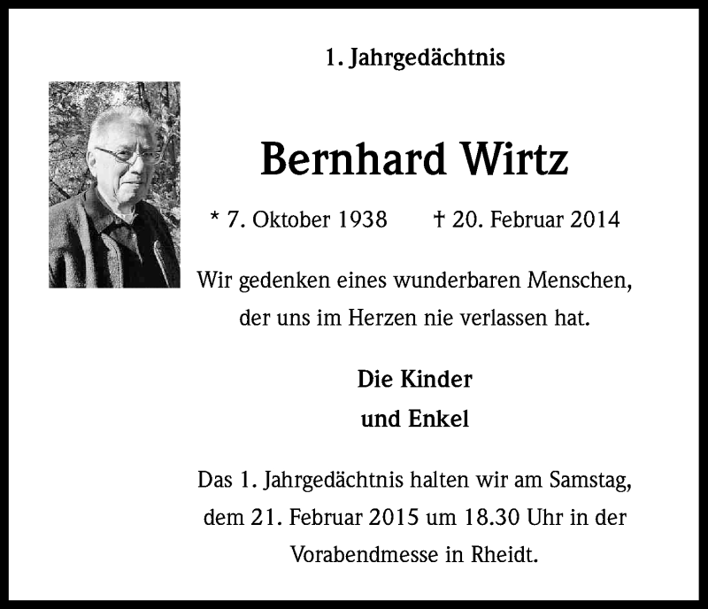  Traueranzeige für Bernhard Wirtz vom 18.02.2015 aus Kölner Stadt-Anzeiger / Kölnische Rundschau / Express