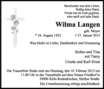 Anzeige von Wilma Langen von Kölner Stadt-Anzeiger / Kölnische Rundschau / Express
