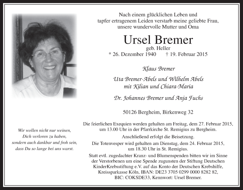  Traueranzeige für Ursel Bremer vom 25.02.2015 aus  Werbepost 