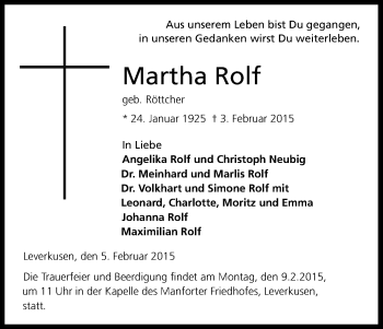 Anzeige von Martha Rolf von Kölner Stadt-Anzeiger / Kölnische Rundschau / Express