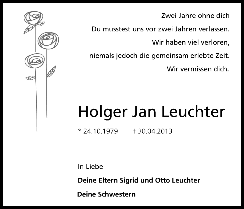 Traueranzeige für Holger Jan Leuchter vom 30.04.2015 aus Kölner Stadt-Anzeiger / Kölnische Rundschau / Express