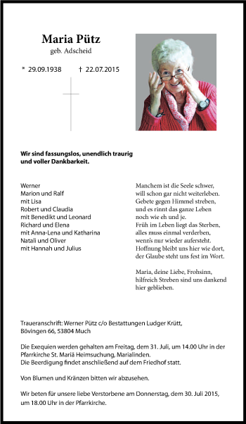 Anzeige von Maria Pütz von Kölner Stadt-Anzeiger / Kölnische Rundschau / Express
