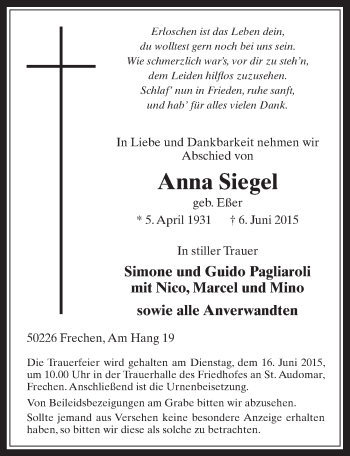 Anzeige von Anna Siegel von  Wochenende 