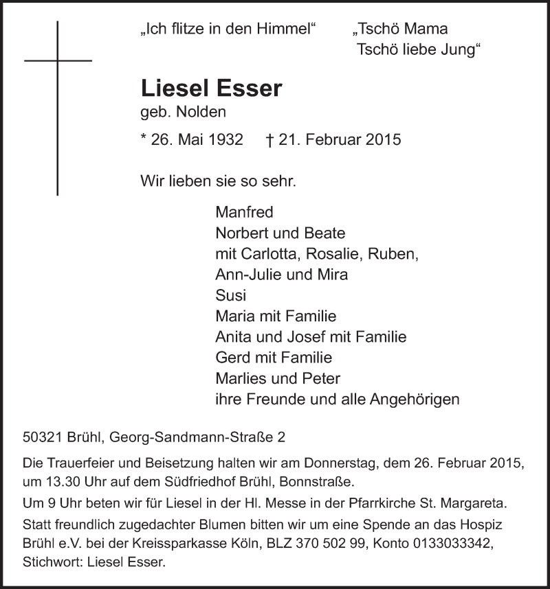  Traueranzeige für Liesel Esser vom 25.02.2015 aus  Schlossbote/Werbekurier 