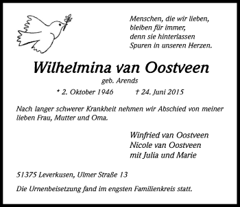 Anzeige von Wilhelmina van Oostveen von Kölner Stadt-Anzeiger / Kölnische Rundschau / Express