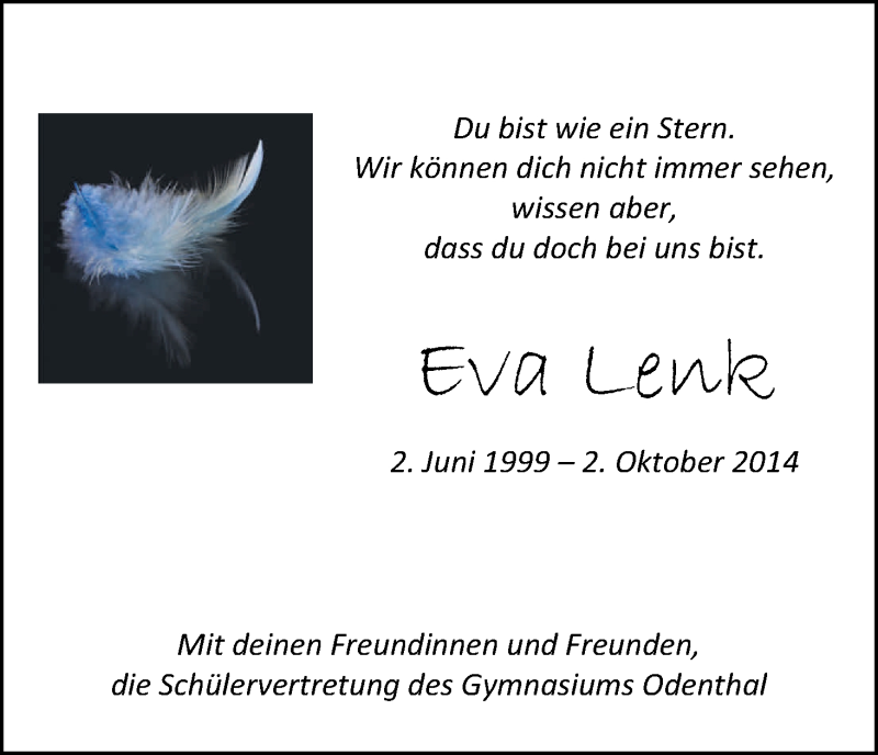  Traueranzeige für Eva Lenk vom 06.10.2015 aus Köln - Wir Trauern