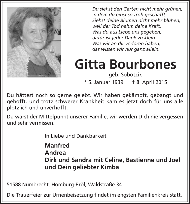  Traueranzeige für Gitta Bourbones vom 15.04.2015 aus  Lokalanzeiger 