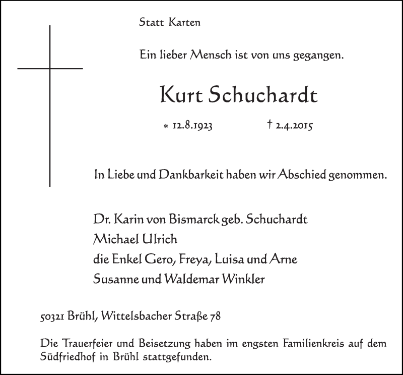  Traueranzeige für Kurt Schuchardt vom 22.04.2015 aus  Schlossbote/Werbekurier 