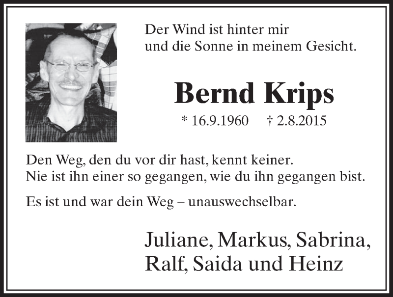 Traueranzeige für Bernd Krips vom 09.09.2015 aus  Schlossbote/Werbekurier 