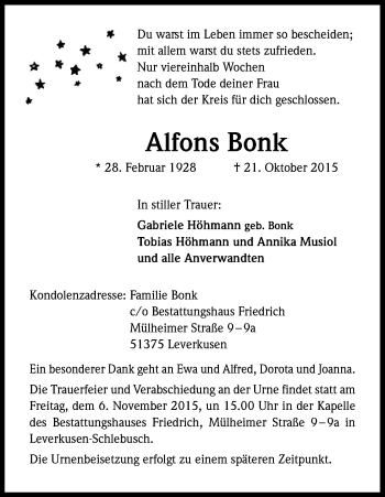 Anzeige von Alfons Bonk von Kölner Stadt-Anzeiger / Kölnische Rundschau / Express