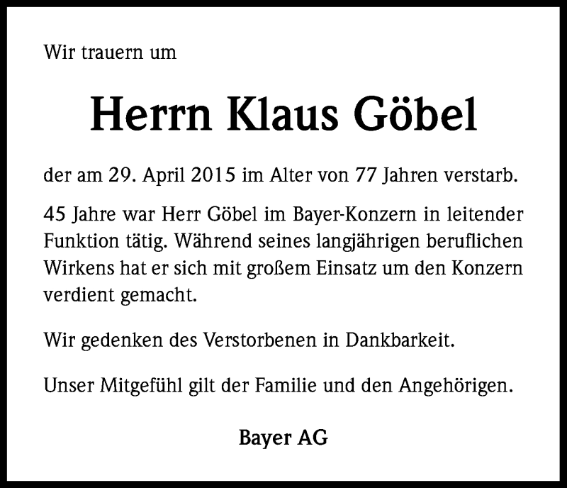  Traueranzeige für Klaus Göbel vom 13.05.2015 aus Kölner Stadt-Anzeiger / Kölnische Rundschau / Express
