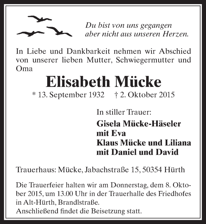  Traueranzeige für Elisabeth Mücke vom 07.10.2015 aus  Wochenende 