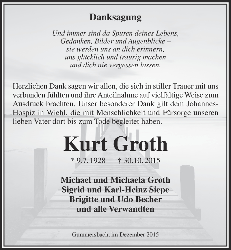  Traueranzeige für Kurt Groth vom 16.12.2015 aus  Anzeigen Echo 