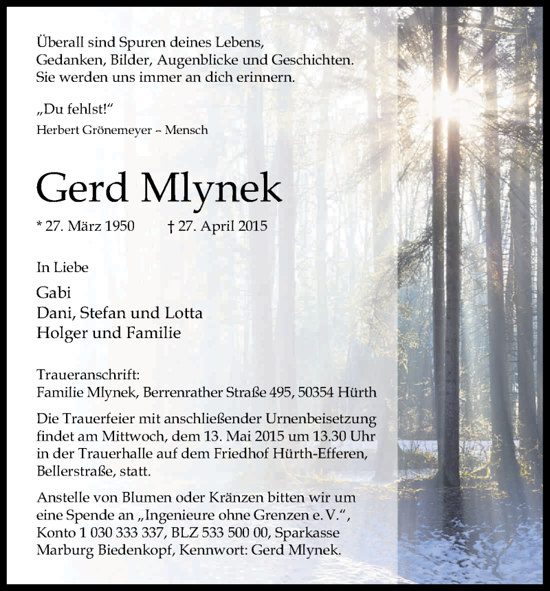  Traueranzeige für Gerd Mlynek vom 06.05.2015 aus Kölner Stadt-Anzeiger / Kölnische Rundschau / Express
