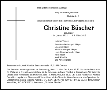 Anzeige von Christine Büscher von Kölner Stadt-Anzeiger / Kölnische Rundschau / Express