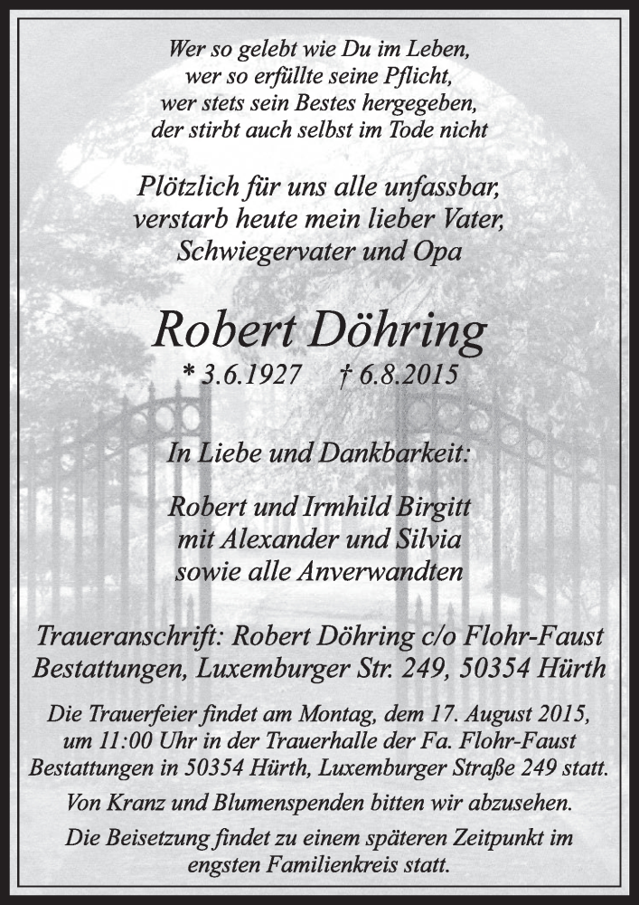  Traueranzeige für Robert Döhring vom 15.08.2015 aus  Sonntags-Post 