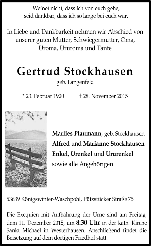  Traueranzeige für Gertrud Stockhausen vom 09.12.2015 aus  Extra Blatt 