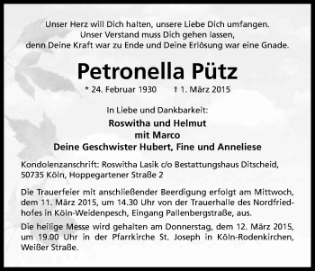 Anzeige von Petronella Pütz von Kölner Stadt-Anzeiger / Kölnische Rundschau / Express