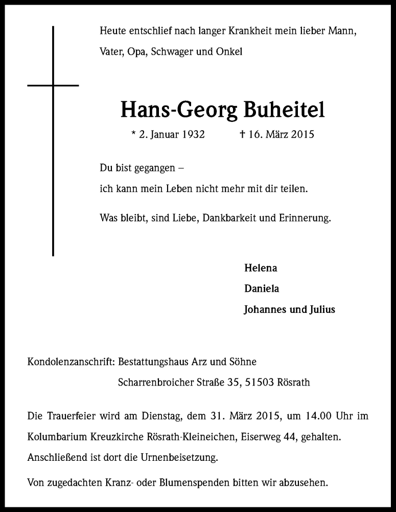  Traueranzeige für Hans-Georg Buheitel vom 25.03.2015 aus Kölner Stadt-Anzeiger / Kölnische Rundschau / Express