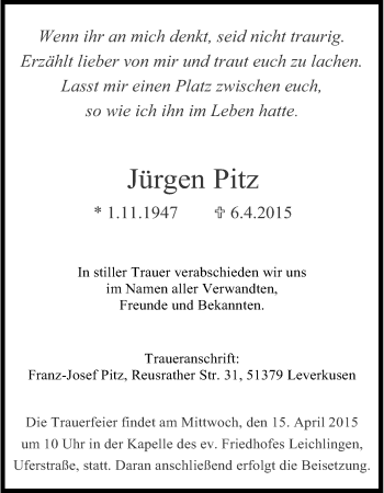 Anzeige von Jürgen Pitz von Kölner Stadt-Anzeiger / Kölnische Rundschau / Express