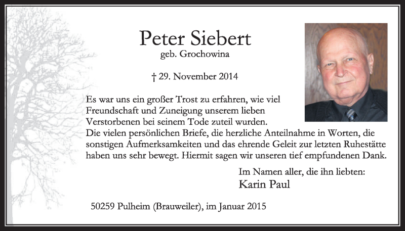  Traueranzeige für Peter Siebert vom 24.01.2015 aus  Sonntags-Post 