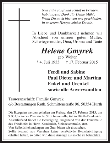 Anzeige von Helene Gmyrek von  Wochenende 