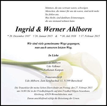 Anzeige von Ingrid & Werner Ahlborn von Kölner Stadt-Anzeiger / Kölnische Rundschau / Express