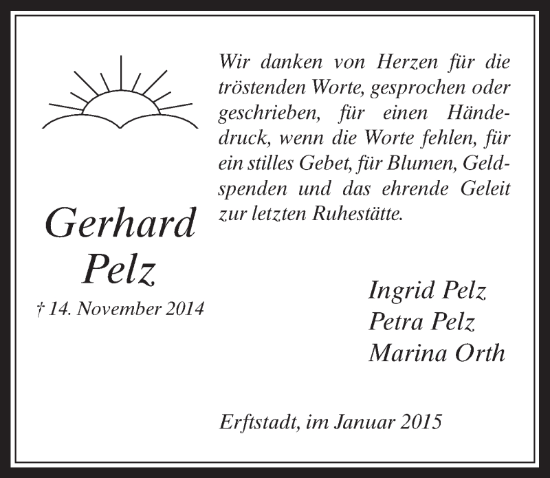  Traueranzeige für Gerhard Pelz vom 28.01.2015 aus  Werbepost 