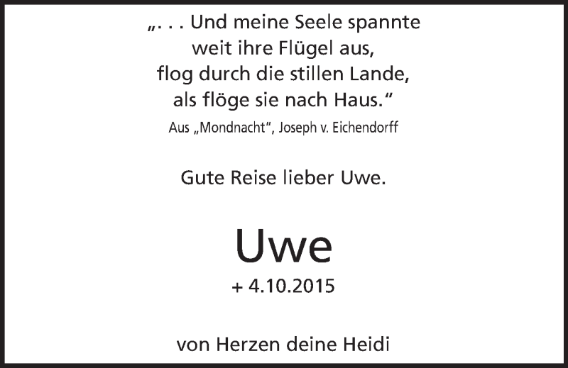  Traueranzeige für Uwe Kopp vom 14.10.2015 aus  Schlossbote/Werbekurier 