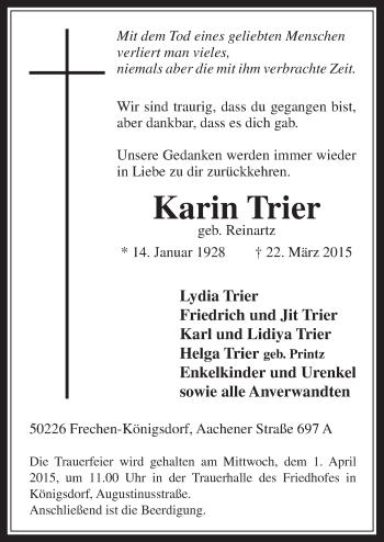 Anzeige von Karin Trier von  Wochenende 