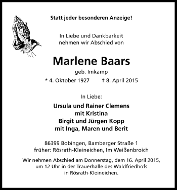 Anzeige von Marlene Baars von Kölner Stadt-Anzeiger / Kölnische Rundschau / Express