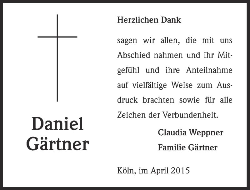  Traueranzeige für Daniel Gärtner vom 08.04.2015 aus  Kölner Wochenspiegel 