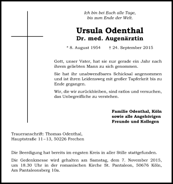 Anzeige von Ursula Odenthal von Kölner Stadt-Anzeiger / Kölnische Rundschau / Express
