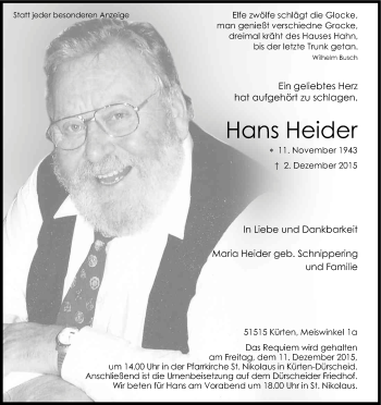 Anzeige von Hans Heider von Kölner Stadt-Anzeiger / Kölnische Rundschau / Express