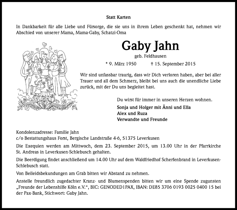  Traueranzeige für Gaby Jahn vom 19.09.2015 aus Kölner Stadt-Anzeiger / Kölnische Rundschau / Express