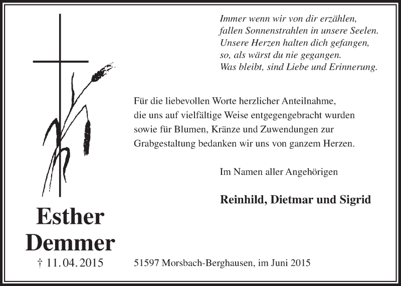  Traueranzeige für Esther Demmer vom 03.06.2015 aus  Lokalanzeiger 