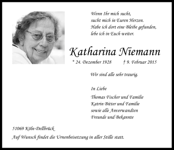 Anzeige von Katharina Niemann von Kölner Stadt-Anzeiger / Kölnische Rundschau / Express
