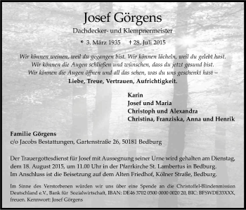 Anzeige von Josef Görgens von Kölner Stadt-Anzeiger / Kölnische Rundschau / Express
