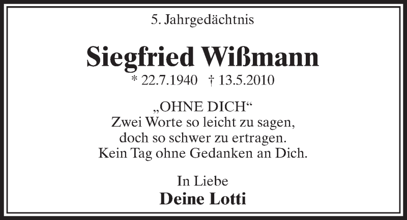  Traueranzeige für Siegfried Wißmann vom 13.05.2015 aus  Schlossbote/Werbekurier 