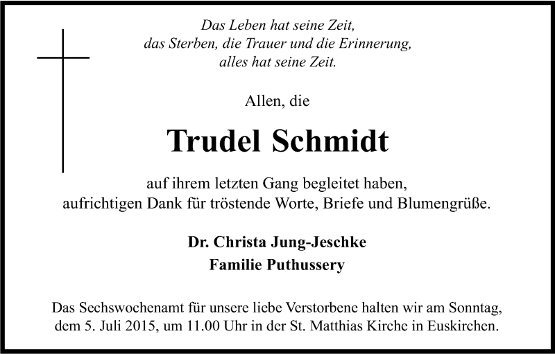  Traueranzeige für Trudel Schmidt vom 27.06.2015 aus Kölner Stadt-Anzeiger / Kölnische Rundschau / Express